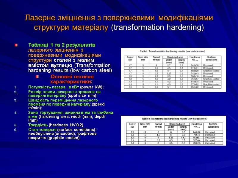 Лазерне зміцнення з поверхневими модифікаціями структури матеріалу (transformation hardening) Таблиці 1 та 2 результатів